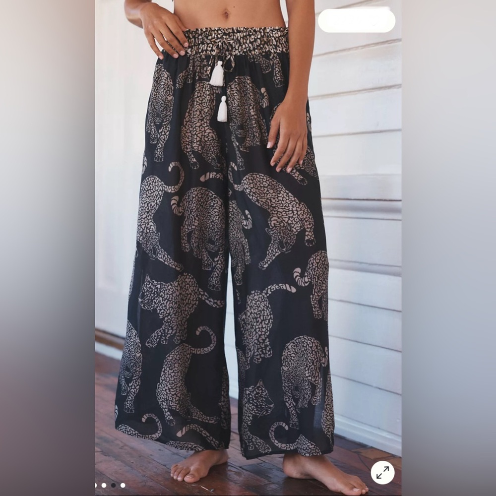 Anthropologie Black Wide-Leg Beach Pants with Cream Leopard Print